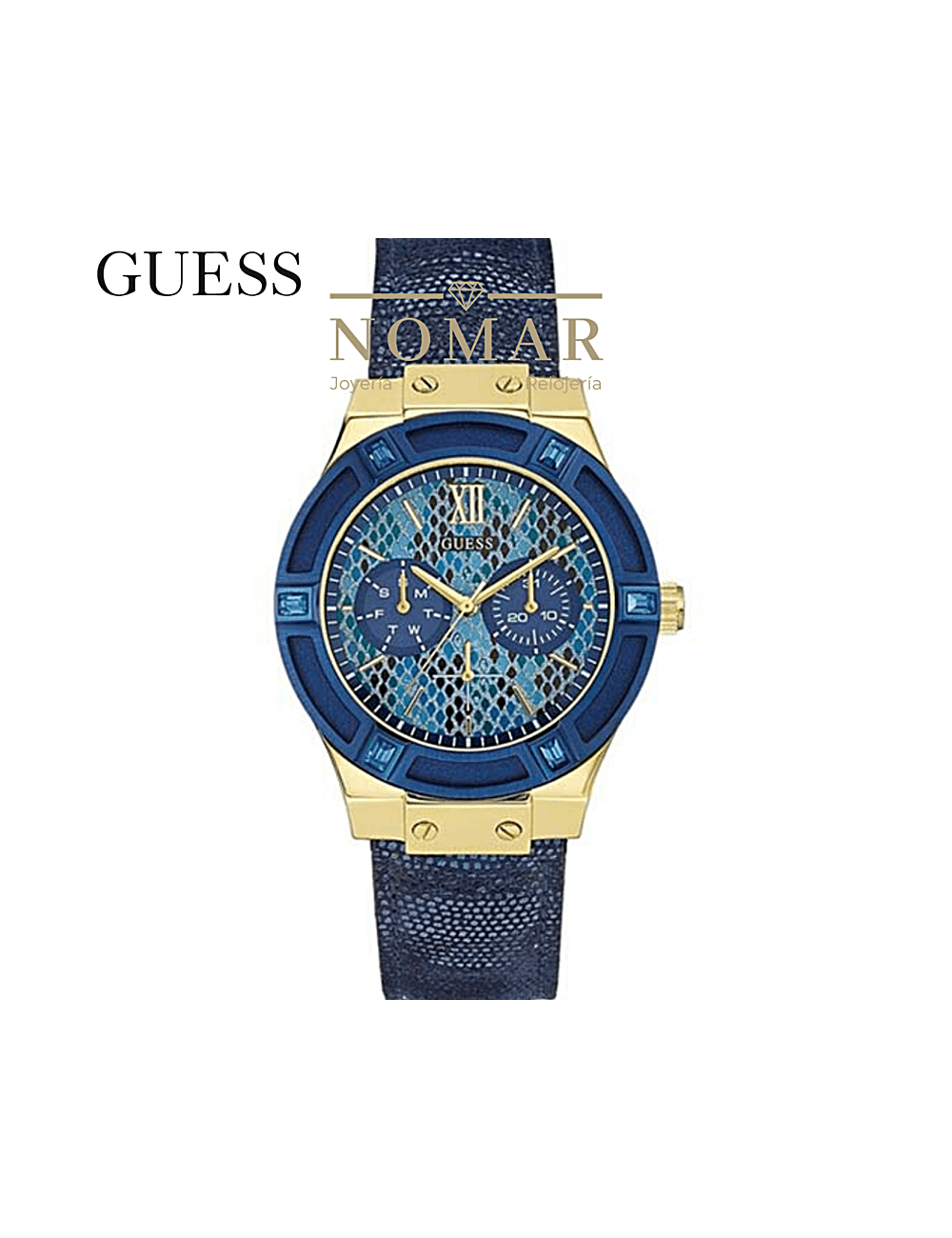 Reloj Guess de mujer Jet Setter dorado y bisel azul