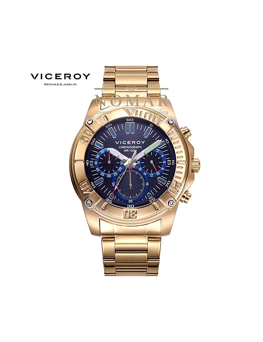 Reloj Viceroy hombre en acero Ip dorado con esfera azul y cronógrafo