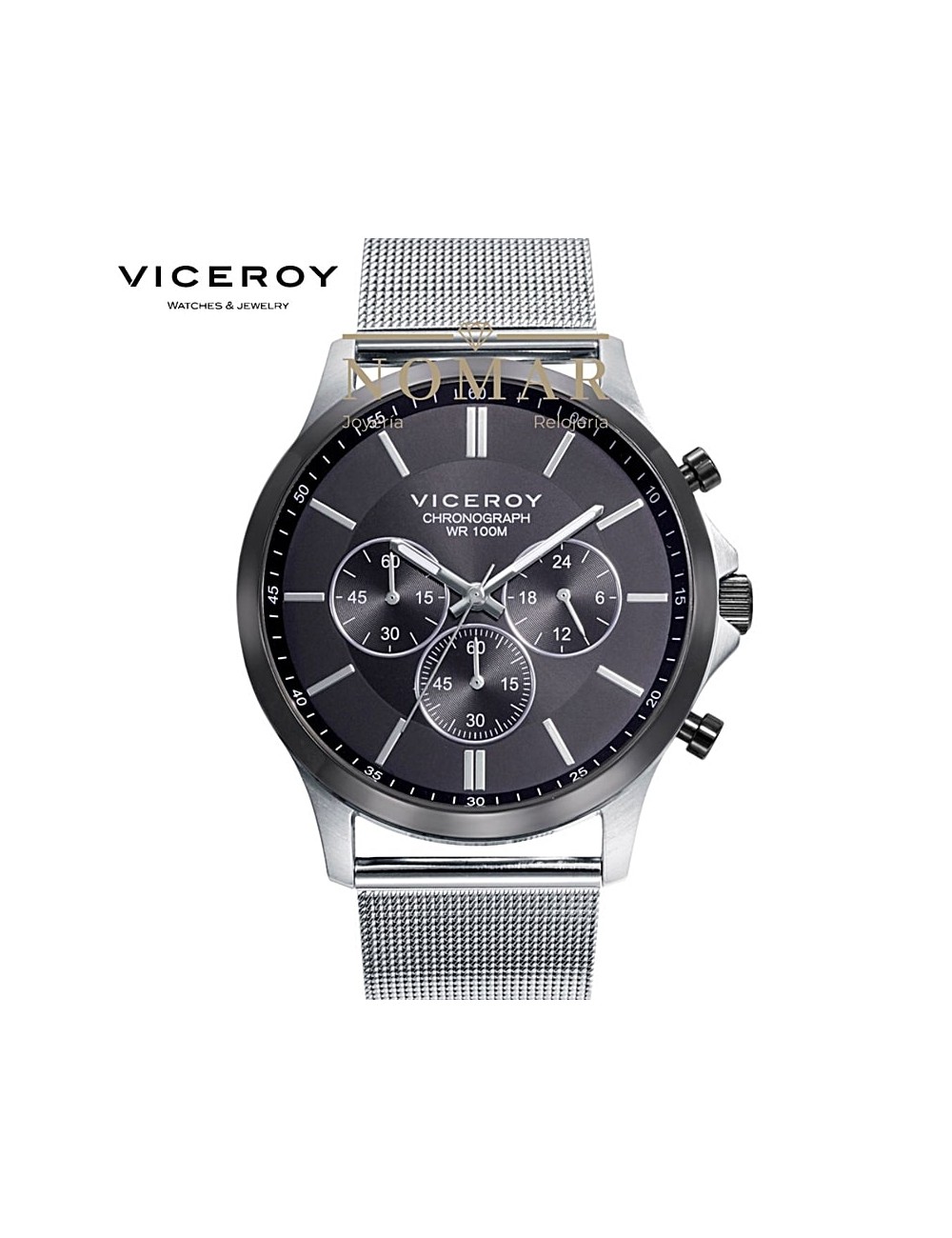 RELOJ VICEROY HOMBRE DRESS CRONÓGRAFO ACERO BISEL NEGRO Y MILANESA